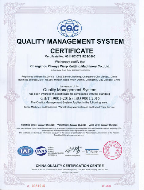 CHINA Changzhou Chenye Warp Knitting Machinery Co., Ltd. certificaciones