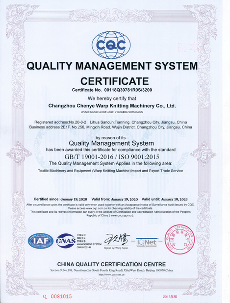 CHINA Changzhou Chenye Warp Knitting Machinery Co., Ltd. Leave Messages certificaciones