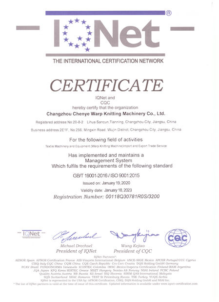 CHINA Changzhou Chenye Warp Knitting Machinery Co., Ltd. certificaciones