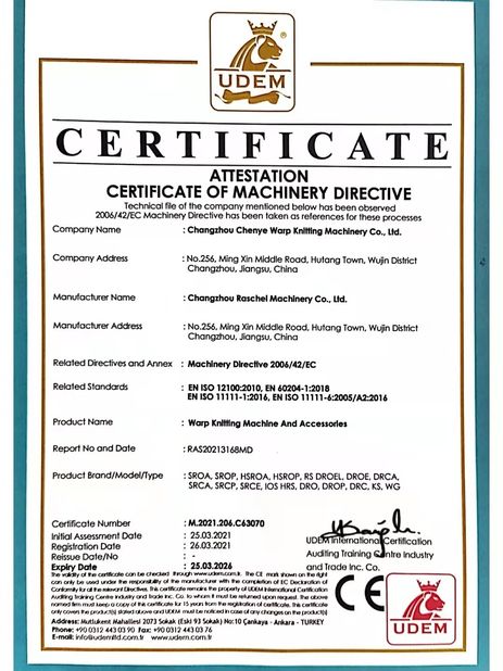 CHINA Changzhou Chenye Warp Knitting Machinery Co., Ltd. certificaciones