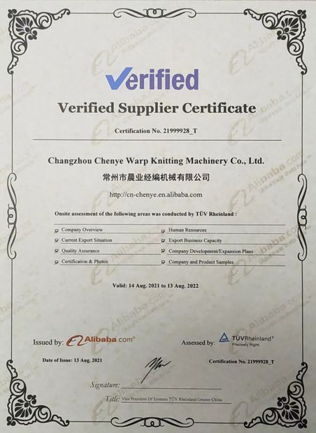 CHINA Changzhou Chenye Warp Knitting Machinery Co., Ltd. certificaciones